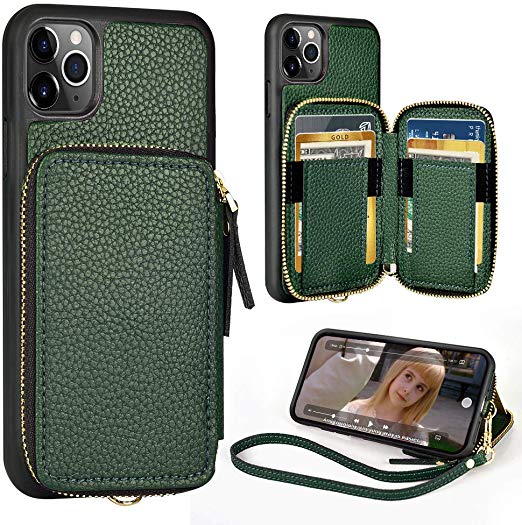 iPhone 11 Pro Wallet Case,ZVE iPhone 11 pro Case with Credit Card Holder Zipper Wallet Case with Wrist Strap Protective Purse Leather Case Cover for Apple iPhone 11 Pro 2019 5.8''- Midnight Green