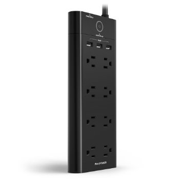 RAVPower 8-Outlet with 3-USB Output Surge Protector Grounded NEMA 5-15 Power Strip iSmart Charging 6 Feet Cord Charging Protection Power Indicator Black