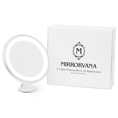 Mirrorvana 5X Magnifying Lighted Vanity Makeup Mirror, Best Professional Bright LED Lighting for Make Up & Cosmetic Application, Cordless and Adjustable Arms with Suction-Cup Lock Technology, Large 8" Diameter