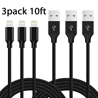 iPhone Cable, 3-Pack 10ft / 3M iPhone Charger Nylon Braided Lightning Cable for iPhone 7,iPhone 7 Plus,iPhone 6/6s,iPhone 6/6 Plus,iPhone 5/5s,iOS Devices