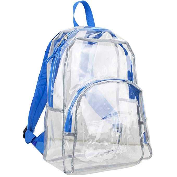 Eastsport Clear Backpack, Fully Transparent with Padded Straps, Clear/Blue Sky/J Shape Print