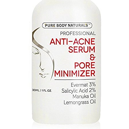 Pure Body Naturals Acne Treatment For Face & Pore Minimizer Serum - Dermatologist Tested Product, Made With Revolutionary Evermat - 1 Oz (1 Pack)