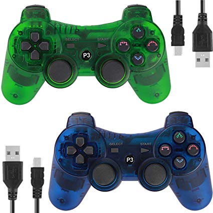 Kolopc 2 Packs Wireless Controller Gamepad Remote for PS3 Playstation 3 Double Shock - Bundled with USB Charge Cord(ClearGreen and ClearBlue)