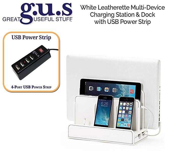 G.U.S. Multi-Device Charging Station Dock & Organizer - Multiple Finishes Available. For Laptops, Tablets, and Phones - Strong Build, White Leatherette with 4-Port USB Power Strip