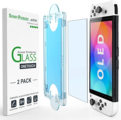 amFilm [2-Pack] OneTouch Glass Screen Protector Designed for Nintendo Switch OLED model 2021-With Auto Alignment Kit, Bubble Free