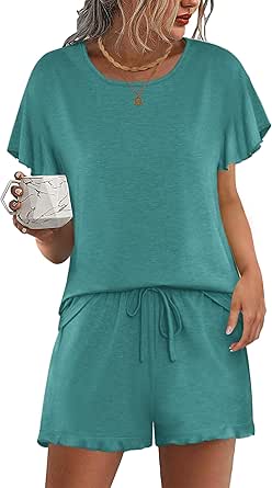 Ekouaer Short Pajama Sets 2 Piece Ruffle Short Sleeve Pj Sets Soft Loungewear Sets for Women