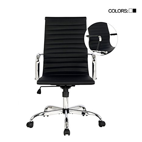Elecwish,Adjustable Office Executive Swivel Chair, High Back Padded, Tall Ribbed, Pu Leather, Wheels Arm Rest Computer, Chrome Base, Home Furniture, Conference Room Reception (Black)