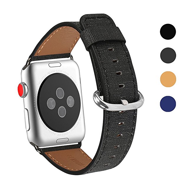 Apple Watch Band 38mm, WFEAGL Denim Top Grain Genuine Leather Band with Stainless Steel Clasp for iWatch Series 2,Series 1,Sport, Edition (Denim Black Band Silver Buckle)