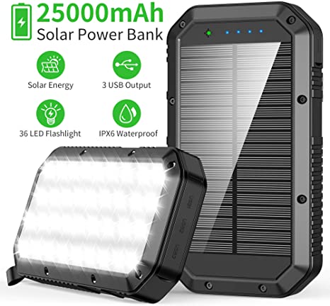 Solar Power Bank, 25000mAh Solar Charger 36 LED Flashlights Portable Phone Charger with 3 Outputs Rainproof Carabiner High Capacity External Battery Pack for Outdoor iPhone iPad Mobile Phone Tablet