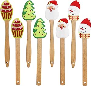 8 Pcs Christmas Silicone Spatula, Christmas Cake Decorating Spatula, Xmas Cake Spatula with Wooden Handle, Xmas Dish Scraper, Santa Claus Pattern Spatula for Kitchen Mixing Baking Cooking