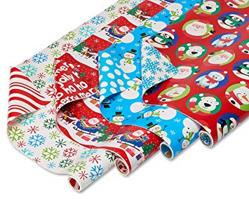 American Greetings Reversible Christmas Bulk Gift Wrapping Paper Bundle, 4 Rolls; Santa, Snowflakes, Snowman and Characters, 160 Total sq. ft.