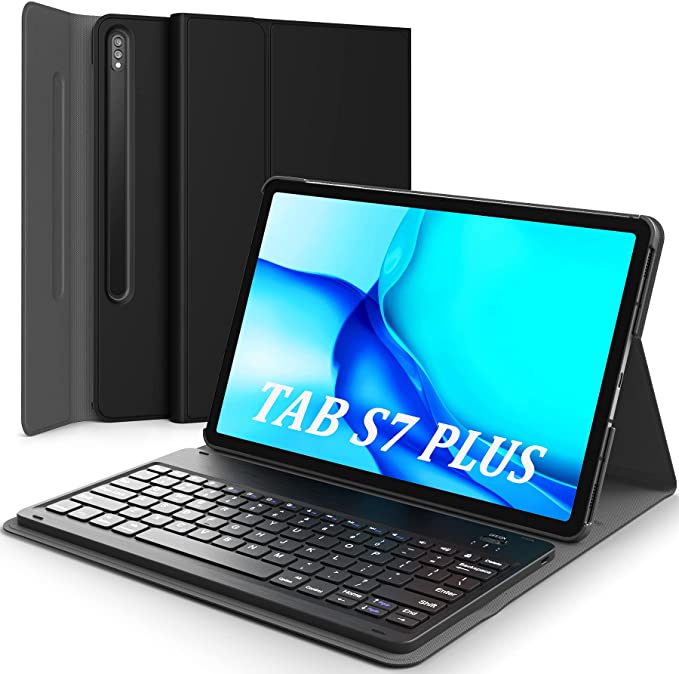 Galaxy Tab S7 Plus 12.4 inch 2020 Keyboard Case - Wireless Detachable Keyboard - PU Leather Stand Cover - Case with Keyboard for Samsung Galaxy Tab S7  12.4" 2020 - SM-T970/T975/T976/T978, Black