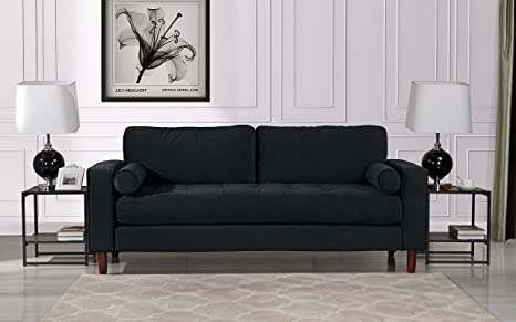 Mid Century Modern Velvet Fabric Sofa, Couch with Bolster Pillows (Black)