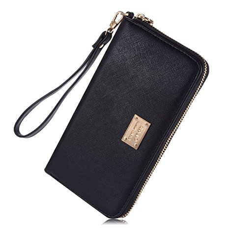 Womens Leather Credit Card Wallet to Organize Your Cash,Passport,Card,and Phone with Removable Wristlet Strap,Zipper Clutch Wallet for women and teen girls