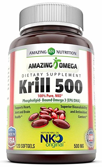 Amazing Nutrition - Nko® Neptune Krill Oil 500 Mg - Extracted Exclusively From Krill Species Sustainably Harvested Under Stricter Regulatory Standards From the Oceans of Antarctica. Rich in the Omega-3 Fatty Acids, EPA and DHA & Antioxidant Astaxanthin- Supports Cardiovascular Health, Inflammation Relief, Joint Health & Brain Health
