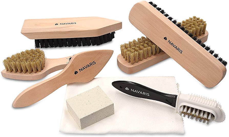 Navaris Shoe Shine Kit - Set of 8 Polish Kit for Leather Shoes with 6 Brushes, 1 Suede Nubuck Box, 1 Polishing Cloth - Professional Shoe Care Kit