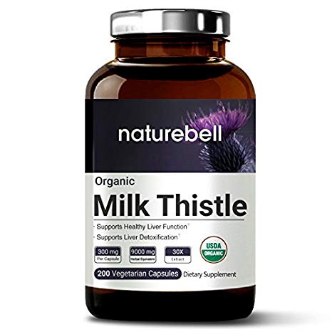 Nature Bell Organic Milk Thistle 9000 mg Herbal Equivalent, 200 Veg Capsules, Maximum Strength Silymarin, Supports Healthy Liver Function & Detoxification, Non-GMO, Vegan Friendly & Made in USA