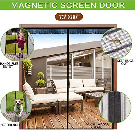Magnetic Screen Door 71"- 79", VDEALEN French Door Mesh Patio Door Screen, Durable Polyester Mosquito Door Curtain with Magnets and Tapes, Fits Door Size Up to 71"x79"(Screen Door Size 73"x 80")