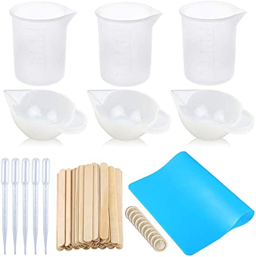 Jatidne Silicone Measuring Cups for Resin 100ml Mixing Cups with Silicone Mat Mixing Sticks Finger Cots for Resin, Paint, Art