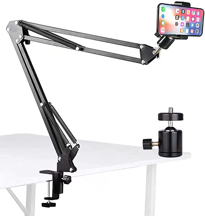 Overhead Tripod Mount Articulating Arm,Cell Phone Holder, Video Webcam Stand Lazy Desk Arm Clamp Table Desktop Suspension Scissor Arm Stand Accessory for Video Recording Live Stream