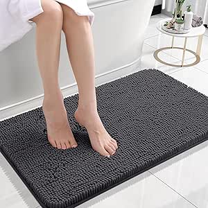 OLANLY Bathroom Rugs 24x16, Extra Soft Absorbent Chenille Bath Rugs, Non-Slip, Dry Quickly, Machine Washable, Bath Mats for Bathroom Floor, Tub and Shower, Dark Grey