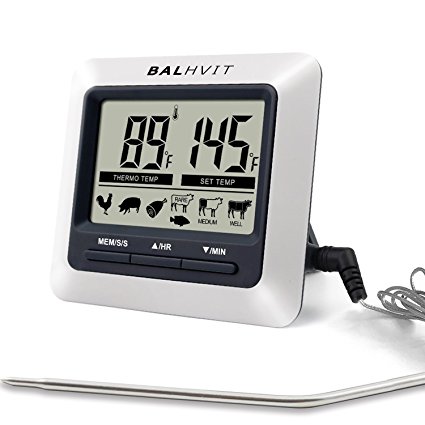 Balhvit Meat Thermometer, Large LCD Digital Thermometer Oven Thermometer Timer with Stainless Steel Probe, Instant Read Thermometer Kitchen Food Thermometer for Indoor Outdoor Cooking BBQ Grill Smoker