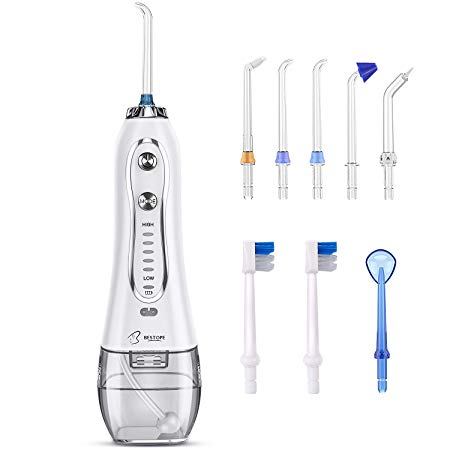 2019 Upgraded Water Flosser,BESTOPE Professional Cordless Dental Oral Irrigator, Portable and Rechargeable IPX7 Waterproof with 5 Modes & 6 Tips and 2 Toothbrush Heads for Braces & Bridges Care