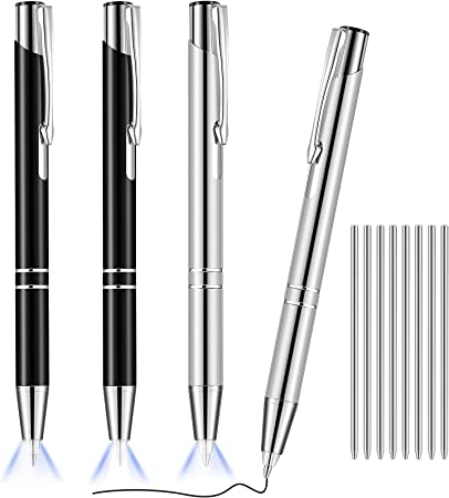 4 Pieces Lighted Tip Pen Metal Ballpoint Pen with Light LED Lighted Pen Black Ink Writing Pen with 8 Pieces Pen Refills for Writing in the Dark