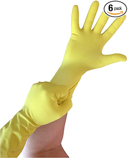 Multi Purpose Latex Gloves - Size Medium - Yellow Disposable Household - 12 Inch Length - Three Pairs (6 Gloves) - Life Guard - Individually Wrapped - Cleaning - Disinfecting