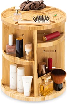 Navaris Rotating Bamboo Makeup Organizer - Adjustable Cosmetic Storage Holder for Bathroom, Vanity, Countertop 9.8" Diameter x 12" High - Light Brown