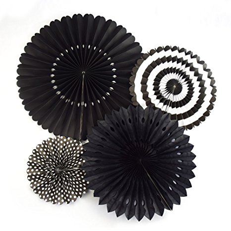 Kenmu Hanging Party Decorations, Paper Fan Supplies, Assorted Set of 4 Circular Paper Flowers, Hanging Holiday Black Ornaments, Birthday Decorations, Easter, Pre-Folded, Easy Assembly, Birthday (black)