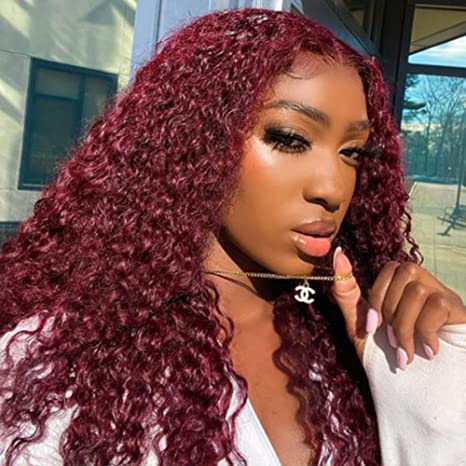 ISEE 99j Transparent Lace Front Wigs Human Hair Pre Plucked 180% Density Brazilian 13x4 Burgundy Kinky Curly Lace Front Wig with Baby Hair Natural Human Hair Wigs for Black Women (18 Inch Curly Wigs)