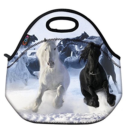 ICOLOR Running Horse Boys Insulated Neoprene Lunch Bag Tote Handbag lunchbox Food Container Gourmet Tote Cooler warm Pouch For School work Office