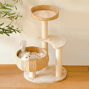 Happy & Polly 35.4" Modern Cat Tree for Indoor Cats, Stable Cat Tower with 2 Handwoven Paper Rope Basket Beds and Cushion, Natural Sisal Scratching Post, Multi-Level Cute Condo Easy to Assemble