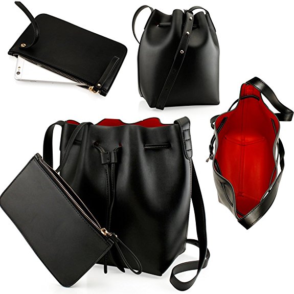 Oct17 Black Women Fashion Handbag Faux Leather Bucket Bag Tote Shoulder Retro Crossbody Purse small pouch