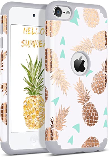 BENTOBEN iPod Touch 7 2019 Case, iPod Touch 6 Case, iPod Touch 5 Case, Hybrid Hard PC Cover Soft Silicone Bumper Pineapple Heavy Duty Protective Case for iPod Touch 7th/6th/5th Generation, White/Grey