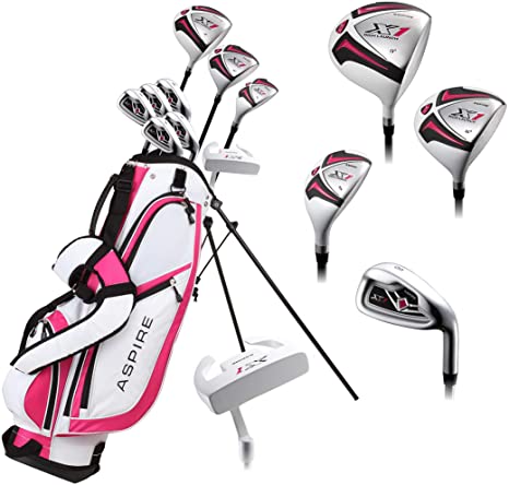 Aspire X1 Ladies Womens Complete Right Handed Golf Clubs Set Includes Driver, Fairway, Hybrid, 6-PW Irons, Putter, Stand Bag, 3 H/C's Cherry Pink Petite Size for Ladies 5'3" and Below!