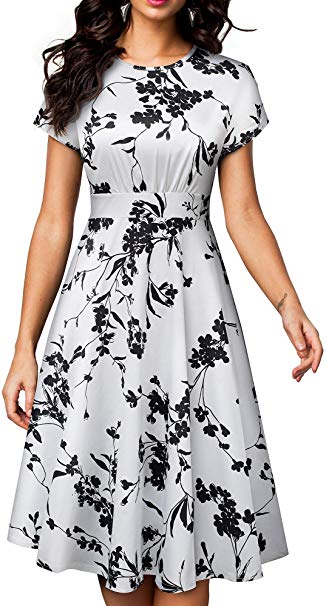 HOMEYEE Women's Short Sleeve Floral Casual Aline Midi Dress A102