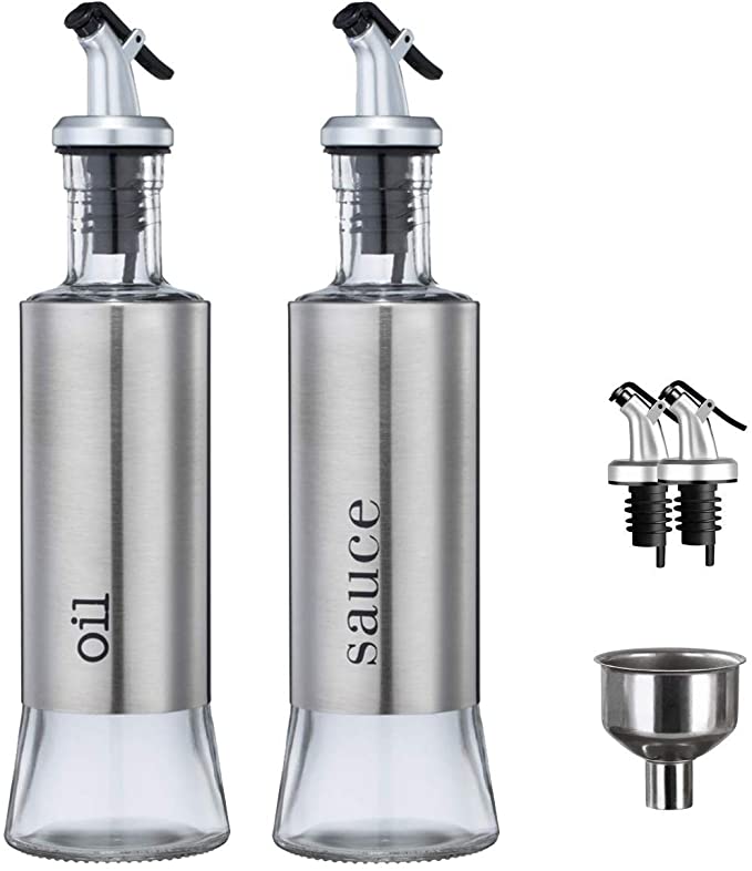 Somine 2 Pack Oil and Soy Sauce Dispenser Bottles Set with No Drip Spouts and Funnel - Stainless Steel /Glass Cooking Oil & Soy Sauce Container Cruet Set for Kitchen BBQ - 350ml Silver Color