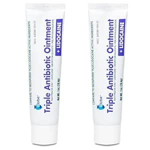 Globe (2 Pack) First Aid Antibiotic Ointment   Lidocaine (1 Oz) Maximum Strength & Fast-Acting Topical Pain Reliever, 24-Hour Infection Protection That Numbs Away The Pain, Bacitracin Zinc., White