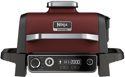 Ninja OG701 Woodfire Outdoor Grill & Smoker, 7-in-1 Master Grill, BBQ Smoker, & Air Fryer plus Bake, Roast, Dehydrate, & Broil, uses Ninja Woodfire Pellets(1 Pack Included), Weather-Resistant, Portable, Electric, Red (Renewed)