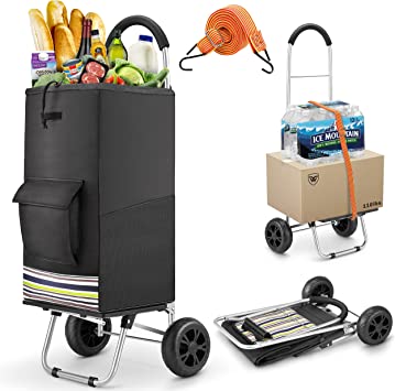 WONSEFOO Shopping Trolley, 2 in 1 Lightweight Folding Shopping Cart with Waterproof Black Large Capacity Shopping Bag, Hard Wearing Foldable Hand Truck with Adjustable Bungee Cord - 2 Noiseless Wheels