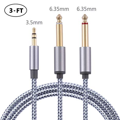3FT 3.5mm 1/8" TRS to Dual 6.35mm 1/4" TS Mono Stereo Y-Cable Gold Plated Heavy Duty Splitter Cord Compatible for iPhone iPod Computer Sound Cards CD Players Multimedia Speakers