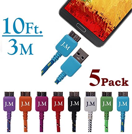 Josi Minea 5 Pcs Fabric Braided Premium Ruggedized Micro USB 3.0 Cables 10 Feet / 3 Meter Charger Sync Data Charging Cable Cord for Samsung Galaxy S5 & Galaxy Note 3 [5 Pack - 10Ft/3M]