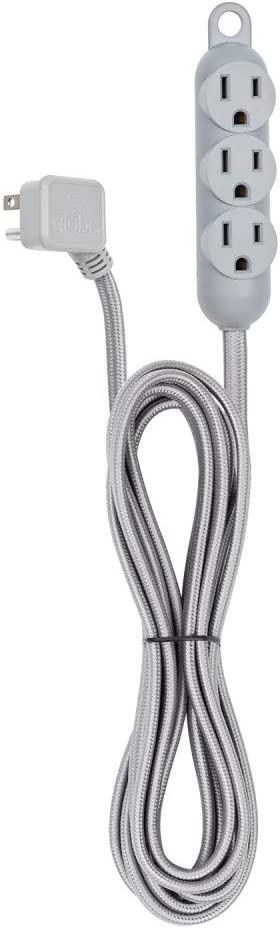 Globe Electric 22971 Designer Series 12ft Fabric Extension Cord, 3 Grounded Outlets, Right Angle Plug, 125-Volts, Integrated Hanging Hook, Metallic Gray Finish