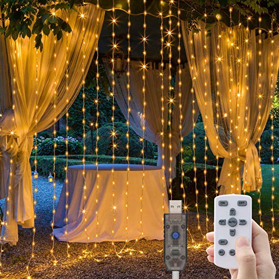 LED Curtain Fairy Lights 3mx3m 300 LED with Remote Control,OxyLED[Upgraded Version] USB Plug in Warm White Decorations Curtain String Lights,IP65 Dimmble Timer Festoon for Home,Garden,Christmas