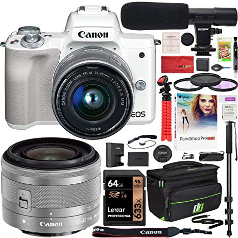 Canon EOS M50 Mirrorless Camera with 4K Video and EF-M 15-45mm Lens Kit (White) and Deco Gear Deluxe Travel Gadget Bag Case   Microphone   Monopod   Filter Set   64GB Memory Card Accessory Kit Bundle