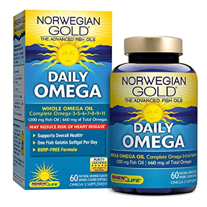 Norwegian Gold - Daily Omega -  Whole Omega fish oil supplement - burpless - brain and hearth health - 60 softgel capsules - a Renew Life brand
