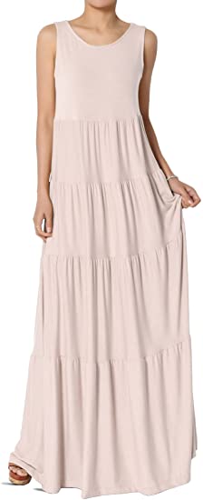 TheMogan S~3X Sleeveless Scoop Neck Tiered Jersey Relaxed Fit Long Maxi Dress