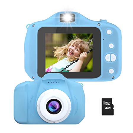 Kids Camera, Rechargeable Cute Kids Digital Video Camera Gifts, Mini Child Camcorder for Boys Girls with Shockproof Dual Lens 1080P 100-Degree Wide Angle, 32GB TF Card and Games